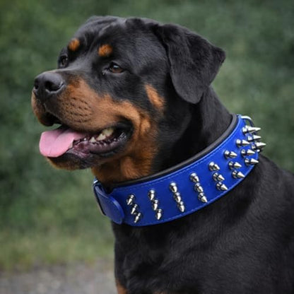Luxury Leather Spike Dog Collar, Double-Layer Soft Cowhide, Punk Style for Medium and Large Dogs, Pit Bulls, Rowena (Blue,L-Neck 39-47cm) - color: Blue, size: L-neck 39-47cm