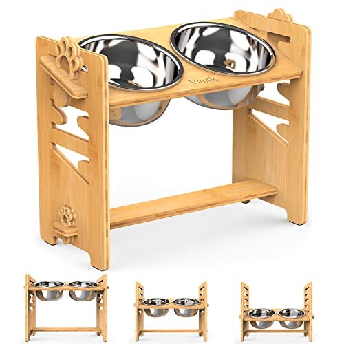 Vantic Elevated Dog Bowls, Adjustable Raised Dog Bowl Stand for Large and XLarge Pet, Sturdy Bamboo Food Feeder with 2 Stainless Steel Dishes, Natural - color: Bamboo, size: for Large Dogs