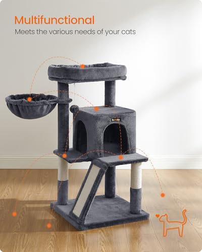 Feandrea Cat Tree, 37.8-Inch Cat Tower, Multi-Level Condo with Widened Perch, Scratching Posts and Ramp, 2-Door Cave, Hammock, Smoky Gray UPCT51G - color: Smoky Gray