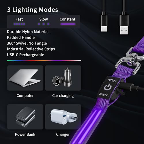 Night Walking LED Dog Leash - 6FT Reflective & Waterproof Light Up Safety Leashes for Dogs - USB Rechargeable, Purple - color: Purple(Fiber optic version)