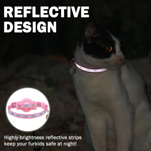 SCENEREAL Airtag Cat Collar Breakaway, Reflective Pink Cat Collar Airtag, GPS Cute Cat Collar with Bells and Apple Air Tag Holder, Glow in The Dark Pet Collars for Boy Girl Cats, Kittens, Puppies