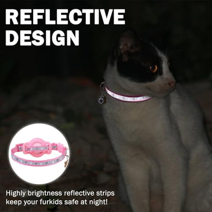 SCENEREAL Airtag Cat Collar Breakaway, Reflective Pink Cat Collar Airtag, GPS Cute Cat Collar with Bells and Apple Air Tag Holder, Glow in The Dark Pet Collars for Boy Girl Cats, Kittens, Puppies