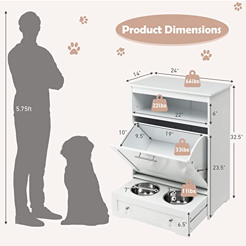 Dog Feeding Station Dogs Food Storage Cabinet Pet Feeder Container with 2 Thick 50oz Stainless Steel Raised Dog Food and Water Bowls, Pet Supply Organizer with Pet Toy Hangers, White - color: White