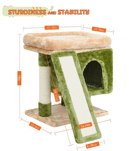 SYANDLVY Small Cat Tree for Indoor Cats, Cat Tower with Scratching Post, Modern Activity House for Large Cats, Condo with Board, Kittens Cave - color: Beige & Green