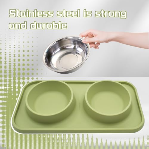 Double Dog Food Bowls Stainless Steel with No Spill Non Skid Silicone Mat Removable Dog Water and Food Bowls Set Durable Feeding for Small Dogs Puppy Cat Kitten(Green) - color: 【Green】