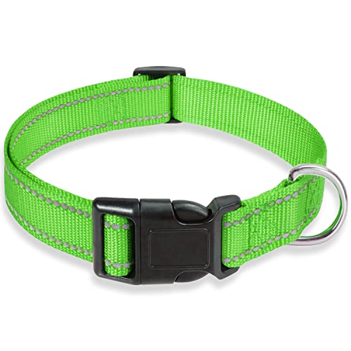 Reflective Dog Collar with Buckle Adjustable Safety Nylon Collars for Small Medium Large Dogs, Grass Green S - color: Grass Green, size: Small :Width 5/8",Neck 10-14"