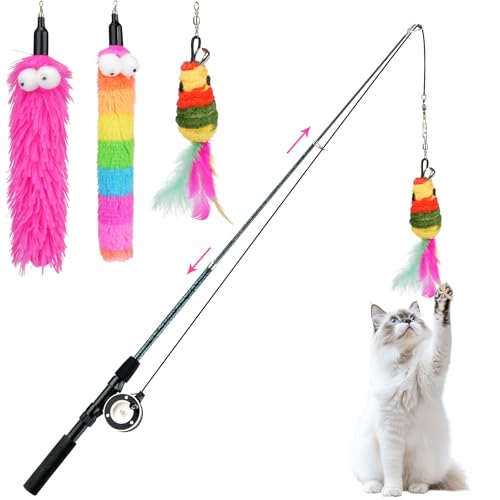 Pawaboo Cat Teaser Wand Toys, Cat Fishing Pole Toy with 3 Pack Feather Refills, 3-section Retractable Kitten Feather Toys with Pulley, Indoor Cats Teaser Catcher Exerciser with Bell,Rainbow + Rose Red - color: Plush-Rainbow