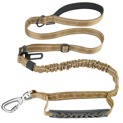 Tactical Dog Leash Heavy Duty, 4-6FT Shock Absorbing Bungee Dog Leash, Reflective Military Strong No Pull Lead with 2 Padded Handle and Car Seatbelt for Medium Large Dogs, Khaki - color: Khaki