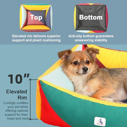 Cotton Canvas Dog Bed, Cute Dog Bed Medium Size Dog, Puppy Bed with Washable Removable Cover, Durable 290 GSM Cotton Anti-Chewing Pet Bed with Anti-Slip Bottom (30"x25"x10", Red&Yellow&Green) - color: Red+Green+Yellow, size: Medium