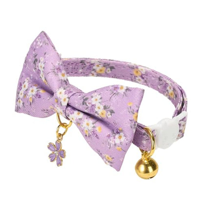 2 Pack Cat Collars, Removable Bowtie, Floral Pattern, Safety Breakaway Clasp, Adjustable for Cats.(Adult Cat, Purple and Pink dasiy) - color: Pink+Purple