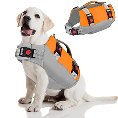 SlowTon Dog Life Jacket, Adjustable Ripstop Dog Life Vest with One Piece Belly Support Superior Buoyancy, Skin-Friendly Neoprene Pet Safety Flotation Vest for Swimming Boating(Orange M)