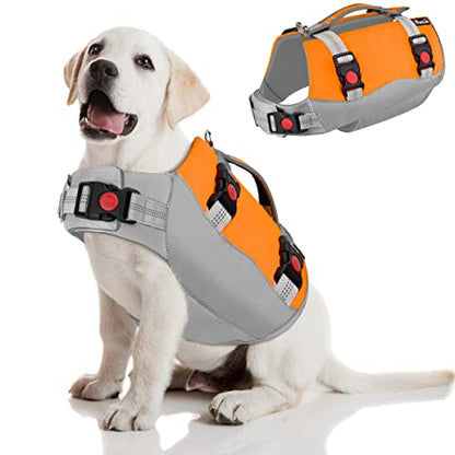 SlowTon Dog Life Jacket, Adjustable Ripstop Dog Life Vest with One Piece Belly Support Superior Buoyancy, Skin-Friendly Neoprene Pet Safety Flotation Vest for Swimming Boating(Orange M)