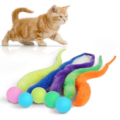 Bouncy Ball with Tail Cat Toys,5 Packs Large Magic Worm with Fluorescent Ball Toy for Cats,Colorful Fuzzy Worm Bouncy Glow Balls Cat Toy - color: Large Fluorescent fuzzy worm