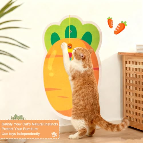 Adorable Carrot-Shaped cat Scratcher with wall-Mounted Design. Includes complimentary Mouse Toy for Play. Made of Felt Material—a Fun Gift and Perfect for Sharpening Claws - color: carrot yellow
