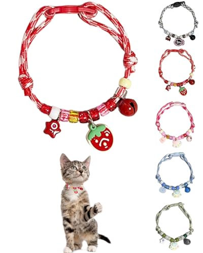 GoldTiger Beaded Cat Collar，Cute Cat Collar with Breakaway and Strawberry Pendant - Adjustable Bracelet Style for Medium to Small Cats, Size 7.87~11.81 Inches - color: red