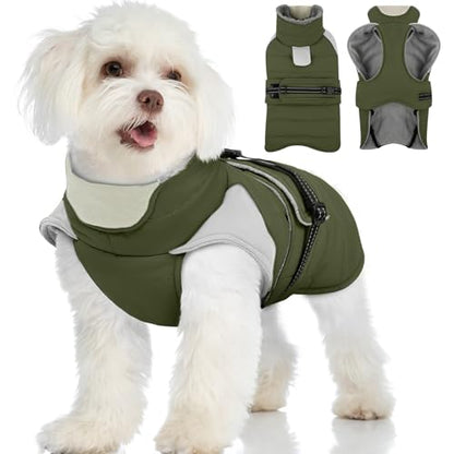 MIGOHI Warm Dog Jacket - Waterproof Small Dog Coat with Furry Collar, Windproof Dogs Fleece Vest, Reflective Cold Weather Coats for Small Dogs, Adjustable Buckle, Poodle,S,ArmyGreen - color: ArmyGreen, size: Small