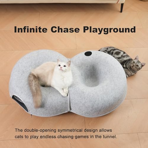 8-Shaped Large Cat Tunnel Bed for Indoor Cats, Infinite Circulation Peekaboo Cat Cave with 12 Toy Balls, Cat Donut Tunnel for Cats up to 30 Pounds (Light Grey, L 38x24x11in) - color: Light Grey