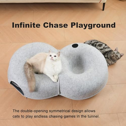 8-Shaped Large Cat Tunnel Bed for Indoor Cats, Infinite Circulation Peekaboo Cat Cave with 12 Toy Balls, Cat Donut Tunnel for Cats up to 30 Pounds (Light Grey, L 38x24x11in) - color: Light Grey
