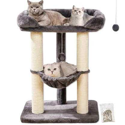 Happi N Pets 28" Cat Tree, Large Bed for Big Cats, Small Cat Tower with Soft Perch for Window Viewing, Stable Cat Tree Tower, Cat Scratching Post with Hammock, Removable Cover-Gray - color: Gray