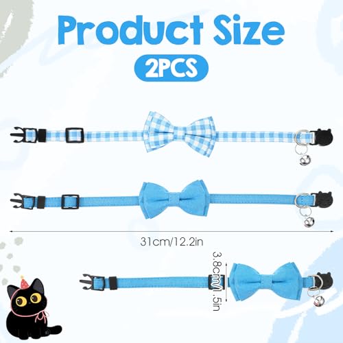 2 Pcs Bow Tie Cat Collar with Bell Breakaway, Cat Collar for Boy Cats with Bell, Cute Kitten Bow Tie Collars, Sot Adjustable Color Plaid Pet Collars (Blue) - color: Blue