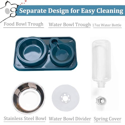 Dog Bowls, Non-Slip Puppy Cat Food and Water Bowl Set with Water Dispenser and Stainless Steel Bowl Detachable Gravity Pet Feeder and Waterer Set for Cats Dogs Puppy Rabbit (Blue, 500ML) - color: Blue, size: Water Capacity: 500ML