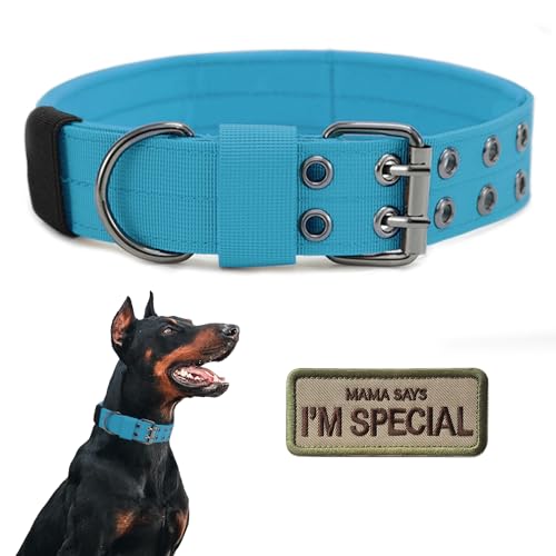 Tactical Dog Collar Military Adjustable Dog Collars Soft Nylon Training Collar with Patch Heavy Duty Metal Buckle Collars for Medium Large Dogs (Blue, M) - color: Blue, size: M