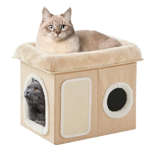 WINDRACING Cat Beds for Indoor Cats - Cat House for Pet and Foldable Cat Cave Bed with Scratch Pad, Cat Hideaway Condo for Kitten, 16.9x12.8x14.2 inches, Beige - color: Beige, size: 16.9x12.8x14.2