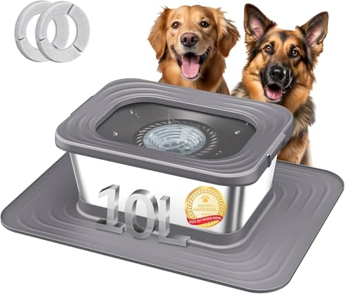 Decflow 10L Stainless Steel Dog Water Bowl, No Spill Anti-Splash Dog Bowls with XXL Silicone Mat, Spill-Proof Slow Feeder for Messy Drinkers, Heavy Duty Pet Bowls for Indoor/Outdoor Use Grey - color: A-Grey, size: 10l