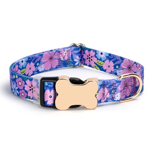 Personalized Custom Customized Silent No Jingle Dog Collar with Engraved ID Dog Name Phone Number/Dog Collars for Puppy X-Small Small Medium Large X-Large Boy Girl Dogs-Dark Blue Flower-XS - color: 13 Dark Blue Flower, size: X-Small (0.6" *7.8"-11.8")
