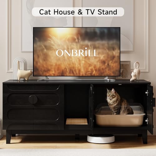 ONBRILL 59 Inches Cat Litter Box Enclosure for 2 Cats, Hidden Litter Boxes Furniture w/Cat Scratch Pad, Modern Large Pet House with Double Room, Wooden TV Stand for Living Room, Black