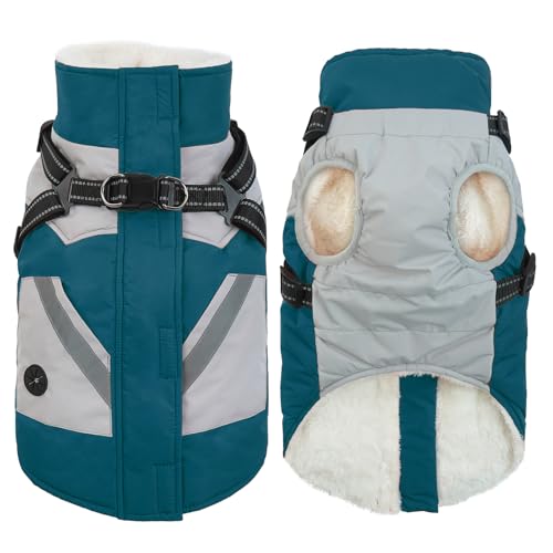 IECOii Dog Winter Jacket for Small Dogs, Waterproof Dog Coat with Harness Built in, Windproof Reflective Zip Up Fleece Jacket for Dogs, Puppy Thermal Warm Snowsuit for Cold Weather, Turquoise Green, S - color: Turquoise Green, size: Small(Chest:17.3 in)