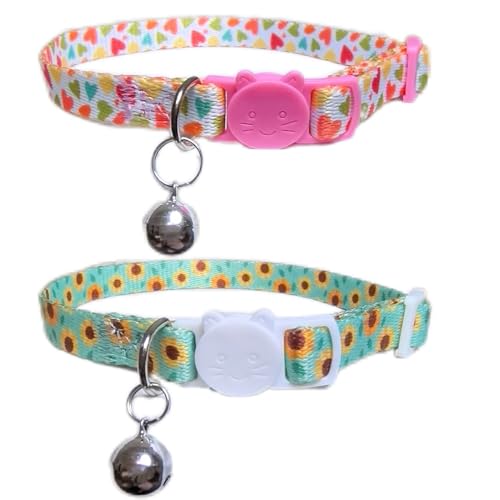 Pack of 2 Cat Collars Breakaway with Bell Safety Buckle, Sunflower & Heart Style, Adjustable Cute Comfy Kitten Collars for Girl Boy Kitty Puppy Small Pets, 8-11" - color: Hearts & Sunflower