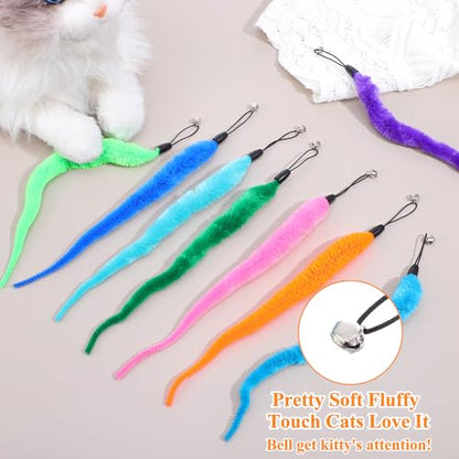 10Pcs Cat Worm Toy for Cat, Interactive Cats Wand Attachments Replacements Worm Teaser with Bell and 1 Black String, Indoor Cats Kitten Catch Toy Accessories for Pet Fishing Pole Toys