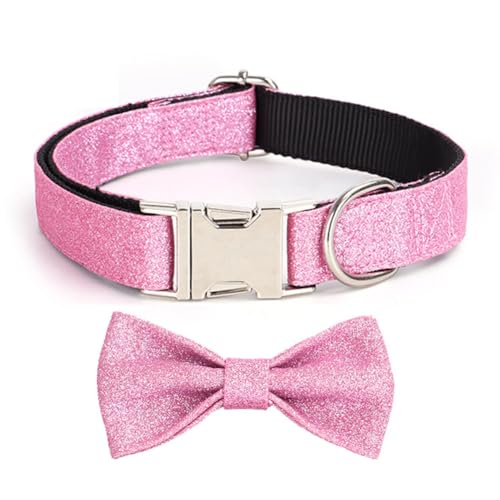 YSHOME&PET Bling Dog Collar with Bow Tie, Sequin Bowtie Dog Collar with Metal Buckle D-Ring Adjustable Soft Pet Collars for Cats Small Medium Large Boy or Girl Dogs Daily Walking or Holiday Party - color: Pink, size: Medium