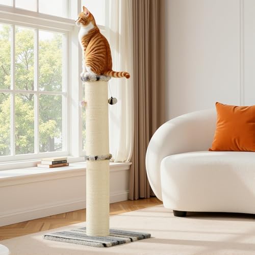 Joydeco Cat Scratching Post 34 Inches Heavy Duty and Thick Scratching Post Sisal Rope with Hanging Ball and Mice for Indoor Cats(Grey) - size: 34 inch Grey