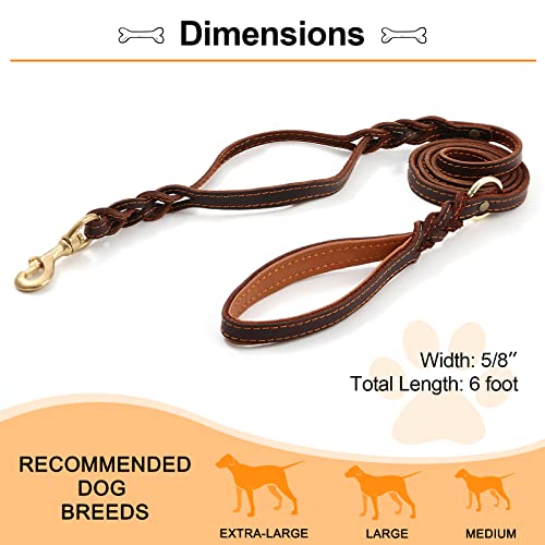 Guiding Star Double Handle Leather Dog Leash 6ft, Heavy Duty Braided Dog Leash with Traffic Handle for Small Medium & Large Dogs (Two Handles 6 Foot x 5/8", Brown) - color: Brown