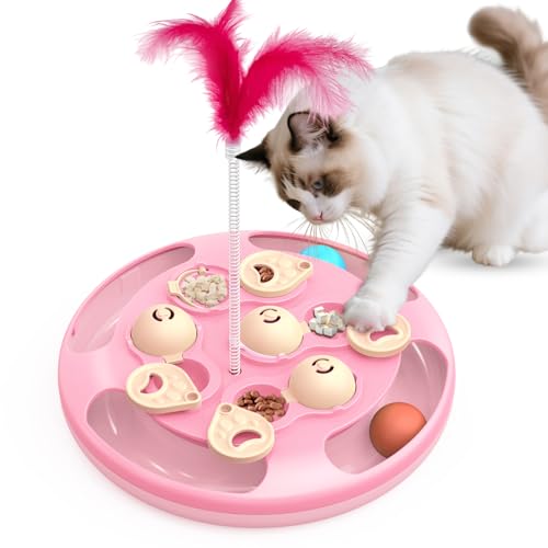 3 in 1 Cat Treat Puzzle Feeder, Level 3 Interactive Cat Puzzle Toy with Track Balls, Feather Teaser & Slow Feeder Insert, Non-Slip Base, Mental Stimulation for Bored Indoor Cats, Pink - color: Pink