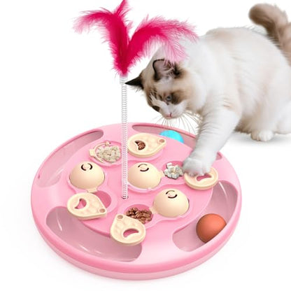 3 in 1 Cat Treat Puzzle Feeder, Level 3 Interactive Cat Puzzle Toy with Track Balls, Feather Teaser & Slow Feeder Insert, Non-Slip Base, Mental Stimulation for Bored Indoor Cats, Pink - color: Pink