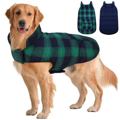 Kuoser Reversible Winter Coat, British Style Jacket for Medium and Large Dogs - Warm Windproof Puppy Cold Weather Clothes Vest, Green L - color: Green Plaid, size: L (Chest Girth: 20.9-24.4'')
