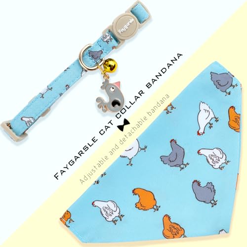 Faygarsle 2 Pack Chicken Pattern Cat Collar Set with Bandana and Bowtie, Light Blue, Breakaway Safety Clasp with Bell - color: Blue Chicken