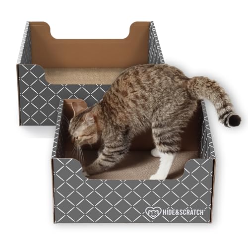 Hide & Scratch Cardboard Cat Scratcher Box & Bed - Dark Grey Diamond (2 Pack) | Double-Sided Corrugated Pad for Indoor Cats | Refillable Scratching Board Toy for Play & Furniture Protection - color: Dark Grey Two Pack