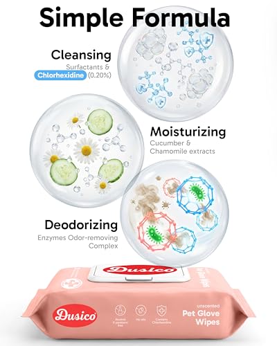 Dusico® Pet Glove Wipes with Microfiber Towel (20 Pack) Unscented – Chlorhexidine Dog Wipes – Oil-Free & Aloe-Free Hypoallergenic Cat Grooming Gloves. Deodorizing Formula with Cucumber & Chamomile