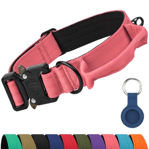 Joytale Tactical Dog Collar for Medium Dogs with Control Handle, Heavy Duty Military Training Collar for Power Breeds, AirTag Holder Case, Quick Release Metal Buckle, Soft Padded, M, Pink - color: Hotpink, size: M-1.0"×14-18"