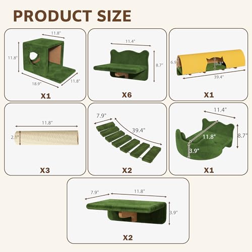 16-in-1 Cat Wall Shelves, Wall Mounted Cats Furniture Set w/Plush Fabric, Cat Climbing Systems, Cats Shelf with 40''L Tunnel, Condos, House, Steps, Bridge Ladder & Scratching Post, Green - color: Green, size: 16-in-1