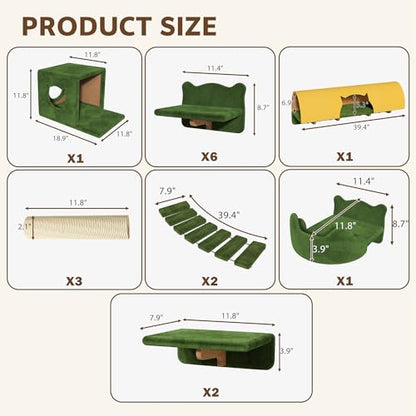 16-in-1 Cat Wall Shelves, Wall Mounted Cats Furniture Set w/Plush Fabric, Cat Climbing Systems, Cats Shelf with 40''L Tunnel, Condos, House, Steps, Bridge Ladder & Scratching Post, Green - color: Green, size: 16-in-1