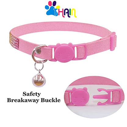 THAIN Bling cat Kitten Collar Rainbow Rhinestone Breakaway Diamond with Bell Soft Velvet Quick Release (Pink) - color: Pink