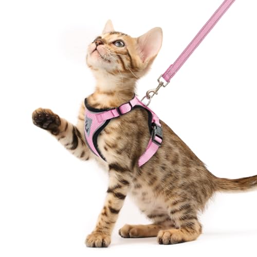 PUPTECK Cat Harness and Leash Set Escape Proof Reflective Cat Walking Harness Adjustable Soft Breathable Mesh Vest for Small Pets, Light Pink, XS - color: Light Pink, size: XS (NECK 8.5", CHEST 11"-14")