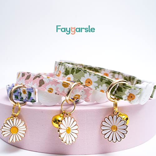 Faygarsle 3 Pack Cotton Safe Breakaway Cat Collars with Bell Daisy Charm Green Blue Pink Kitty Kitten Cute Cat Collars for Girl Cats Female Cats - color: Pink&Green&Blue3.0