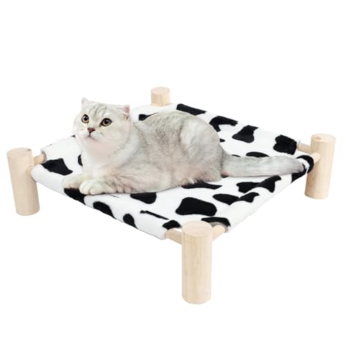 Cat and Dog Hammock Bed for Small Dogs, Brethable Wooden Cat Pet Rabbit Elevated Bed Cots Furniture for All Seasons Fleece Cow Print - color: Fleece Cow Print