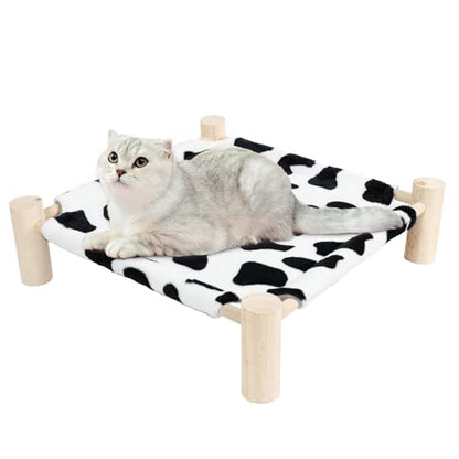 Cat and Dog Hammock Bed for Small Dogs, Brethable Wooden Cat Pet Rabbit Elevated Bed Cots Furniture for All Seasons Fleece Cow Print - color: Fleece Cow Print